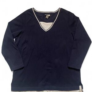 Vintage Essentials • Navy Blue / White • V Neck Knit Sweater • SIZE - XL